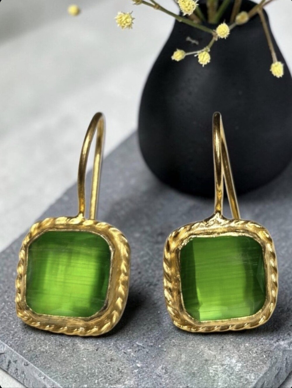 18k Gold Plated Turkish ArtisanGreen Cats Eye Crystal Earrings